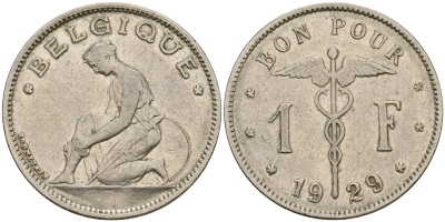 Бельгия 1 франк 1929 BELGIQUE KM 90 никель 210-727