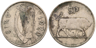 Ирландия 5 пенсов 1970 бык KM 22 медно-никель 259-1014