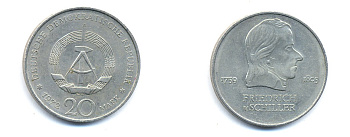 ГДР 20 марок 1972 А, Фридрих Шиллер (1759-1805) KM 40 медно-никель 3333-741