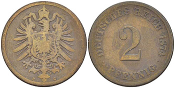 ГЕРМАНИЯ 2 ПФЕННИГА 1874 С, СТАРОГЕРБОВКА KM 2, J. 2, Weege 3 медь 212-454