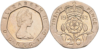 Великобритания 20 пенсов 1982 Елизавета II (1952-2022) KM 931, Spink 4230 (G1) медно-никель 4116-925