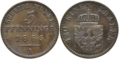 ПРУССИЯ 3 ПФЕННИГА 1865 А, ВИЛЬГЕЛЬМ I (1861-1888) KM 482 медь 4448-1115