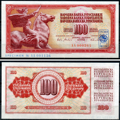 Югославия 100 динаров 1965 статуя свободы, Specimen, Образец, красная диагональная надпечатка Pick 80 a s  бумага  UNC (пресс) 451-569-2