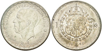 Швеция 1 крона 1945 TS, Густав V (1907-1950) KM 814 серебро 3718-825