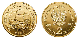 Польша 2 злотых 2006 MW, чемпионат мира по футболу, Германия 2006, FIFA KM 606, Parchimowicz 992 латунь UNC 603-1223