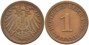 ГЕРМАНИЯ 1 ПФЕННИГ 1908 J KM 10, J. 10, Weege 2 медь 211-219