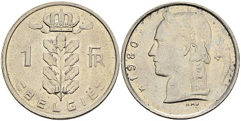 БЕЛЬГИЯ 1 ФРАНК 1980 BELGIE KM 143.1 медно-никель 4546-433