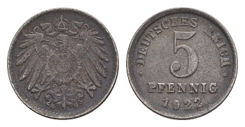 Германия 5 пфеннигов 1922 G KM 19, J. 297, Weege 5 железо плакированное цинком 4640-168