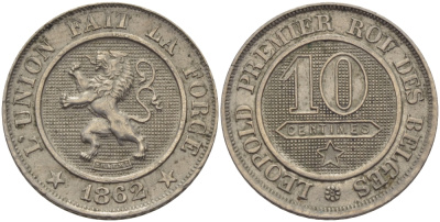 БЕЛЬГИЯ 10 САНТИМОВ 1862 BELGES KM 22 медно-никель 28-236