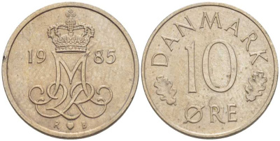 Дания 10 эре 1985 R; B, Маргрете II (1972-2024) KM 860.3 медно-никель 4387-1244