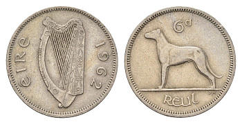 Ирландия 6 пенсов 1962 собака, ирландский волкодав KM 13a медно-никель 4690-337