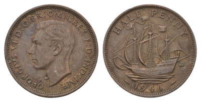Великобритания 1/2 пенни 1941 Георг VI (1936-1952) KM 844, Spink 4115 бронза 4629-211