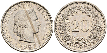 Швейцария 20 раппенов 1967 В KM 29а медно-никель    4153-312