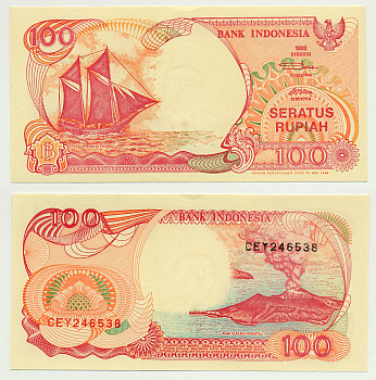 ИНДОНЕЗИЯ 100 РУПИЙ 1992/1999 ПАРУСНИК PINISI, ВУЛКАН ANAK KRAKATAU Pick 127g бумага UNC (ПРЕСС) 6293-8-2