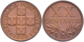 ПОРТУГАЛИЯ 20 СЕНТАВО 1968 KM 584 бронза 4516-813
