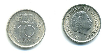 Нидерланды 10 центов 1965 Юлиана (1949-1980) KM 182 никель 76-338