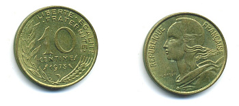 ФРАНЦИЯ 10 САНТИМОВ 1973 ТИП MARIANNE KM 929 медь алюминий никель 84-1619