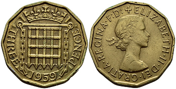 Великобритания 3 пенса 1959 Елизавета II (1952-2022) KM 900, Spink 4153 никель латунь 37-815
