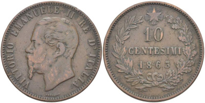 ИТАЛИЯ 10 ЧЕНТЕЗИМО 1863 МОНДВОР ПАРИЖ, ВИКТОР ЭММАНУИЛ II (1861-1878) KM 11.2 медь 4526-733