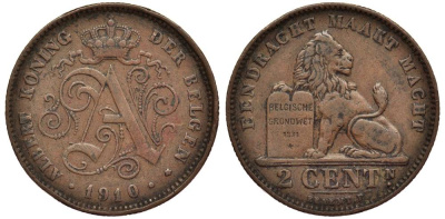 БЕЛЬГИЯ 2 САНТИМА 1910 BELGEN, АЛЬБЕРТ I (1909-1934) KM 65 медь 27-814