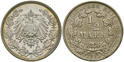 ГЕРМАНИЯ 1/2 МАРКИ 1918 E J. 16, KM 17 серебро UNC 65-253