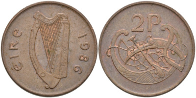 Ирландия 2 пенса 1986 виньетка в виде стилизованной птицы из второй библии Карла II Лысого KM 21 бронза 4561-1224