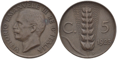 ИТАЛИЯ 5 ЧЕНТЕЗИМО 1925 R, ВИКТОР ИМАНУИЛ III KM 59 медь 100-145