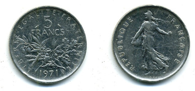 Франция 5 франков 1971 сеятель KM 926a.1, Le Franc 341.3 медно-никель плакированный никелем 25-715