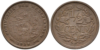Нидерланды 1/2 цента 1938 Вильгельмина (1890-1948) KM 138 бронза 4588-964