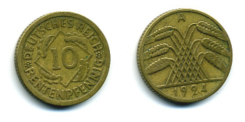 Германия 10 рентенпфеннигов 1924 A J. 309, KM 33 алюминиевая бронза 54-526