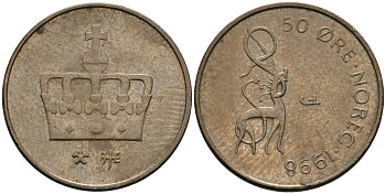 Норвегия 50 эре 1998 Харальд V (1991- ) KM 460 бронза 84-1649