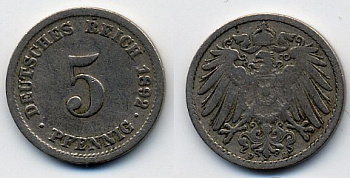 ГЕРМАНИЯ 5 ПФЕННИГОВ 1892 D, KM 11, J. 12 медно-никель 51-5237