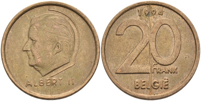 Бельгия 20 франков 1994 Belgie, Альберт II KM 192 никель бронза 4126-323
