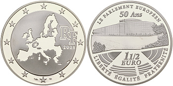 Франция 1 1/2 евро 2008 50 лет Европейскому парламенту KM 1532 серебро PROOF 01-165-15