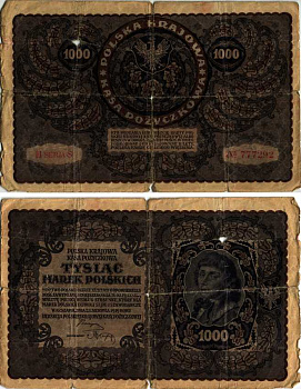 ПОЛЬША 1000 МАРОК 1919 23 АВГУСТА 1919, ТРЕТИЙ ВЫПУСК, ПОРТРЕТ КОСТЮШКО Pick 29 бумага G 8607-11-1