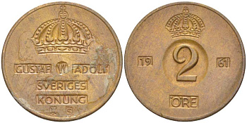 Швеция 2 эре 1961 TS, Густав VI Адольф (1950-1973) KM 821 бронза 4513-1255