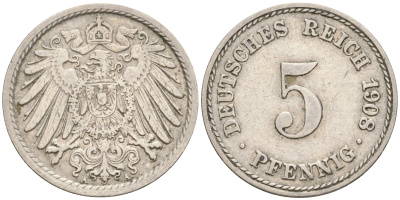 Германия 5 пфеннигов 1908 A KM 11, Jager 12, Weege 6 медно-никель 4608-819