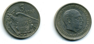 ИСПАНИЯ 5 ПЕСЕТ 1957 (64) ФРАНСИСКО ФРАНКО ДИКТАТОР ИСПАНИИ (1939-1975) KM 786 медно-никель 56-917