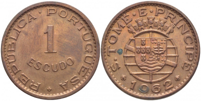 Португальское Сан-Томе и Принсипи 1 эскудо 1962 KM 18 бронза 00-00