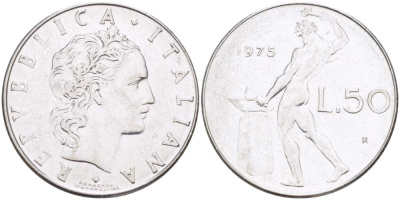 Италия 50 лир 1975 R, бог огня Вулкан у наковальни KM 95.1 нержавеющая сталь 4523-654