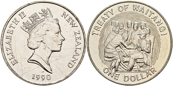 Новая Зеландия 1 доллар 1990 годовщина заключения Вайтангского договора, Елизавета II (1952-2022) KM 76 медно-никель аUNC 4558-211