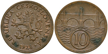 Чехословакия 10 геллеров 1928 KM 3 медь цинк 4174-248