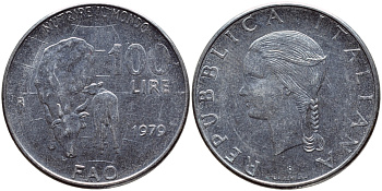 Италия 100 лир 1979 R, FAO, корова с теленком KM 106 нержавеющая сталь 4394-625