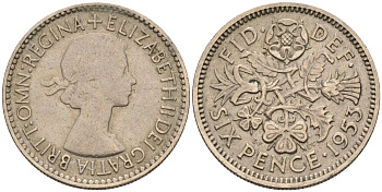 Великобритания 6 пенсов 1953 Елизавета II (1952-2022) KM 889, Spink 4141 медно-никель 4588-621