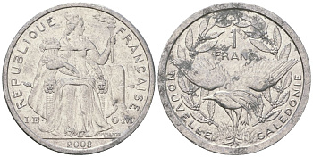 Французская Новая Каледония 1 франк 2008 птица кагу, (IEOM) KM 10, Schoen 10 алюминий 55-755