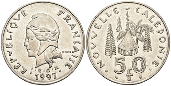 Французская Новая Каледония 50 франков 1997 хижина среди сосен и пальм, (IEOM) KM 13, Schoen 15, Lec 121 никель 4123-743