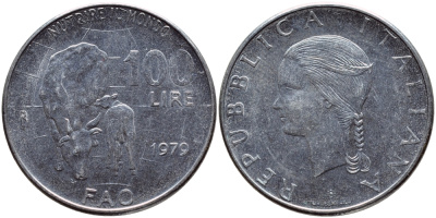 Италия 100 лир 1979 R, FAO, корова с теленком KM 106 нержавеющая сталь 4394-625