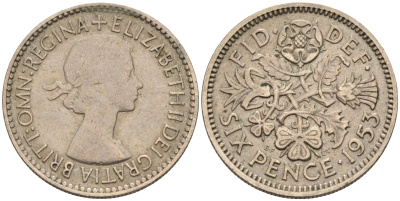 Великобритания 6 пенсов 1953 Елизавета II (1952-2022) KM 889, Spink 4141 медно-никель 4588-621
