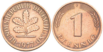 ФРГ 1 ПФЕННИГ 1977 F KM 105, J.380 сталь плакированная медью 206-1129