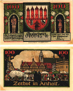 ЦЕРБСТ 100 ПФЕННИГОВ 1921 НОТГЕЛЬД, 1 ИЮЛЯ 1921, ЗЕМЛЯ САКСОНИЯ-АНХАЛЬТ. БУКВА Т, СЕРИЯ ЧЁРНАЯ Grabowski 1469.2а бумага 8589-28-4-2